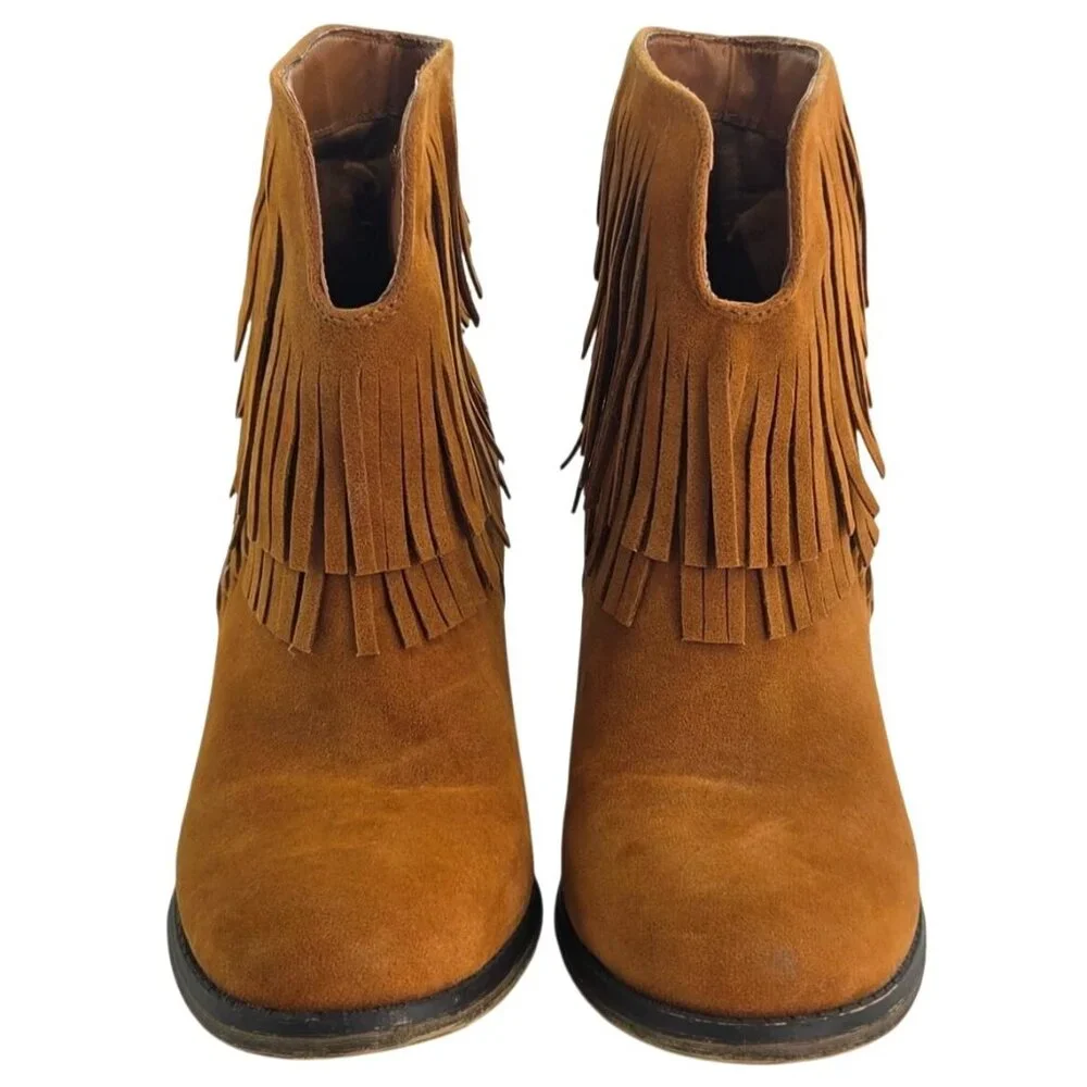 Nature Breeze Tan Faux Suede Double Fringe  Dallas 03 Western Ankle Boots Sz 9 - Picture 2 of 7